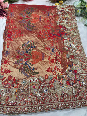 Bandhani Saree with Royal Peacock Weaving & Hand Embroidered