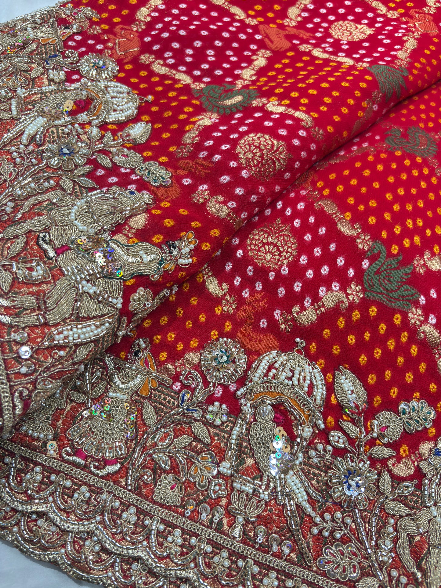 Bandhani Saree with Royal Peacock Weaving & Hand Embroidered