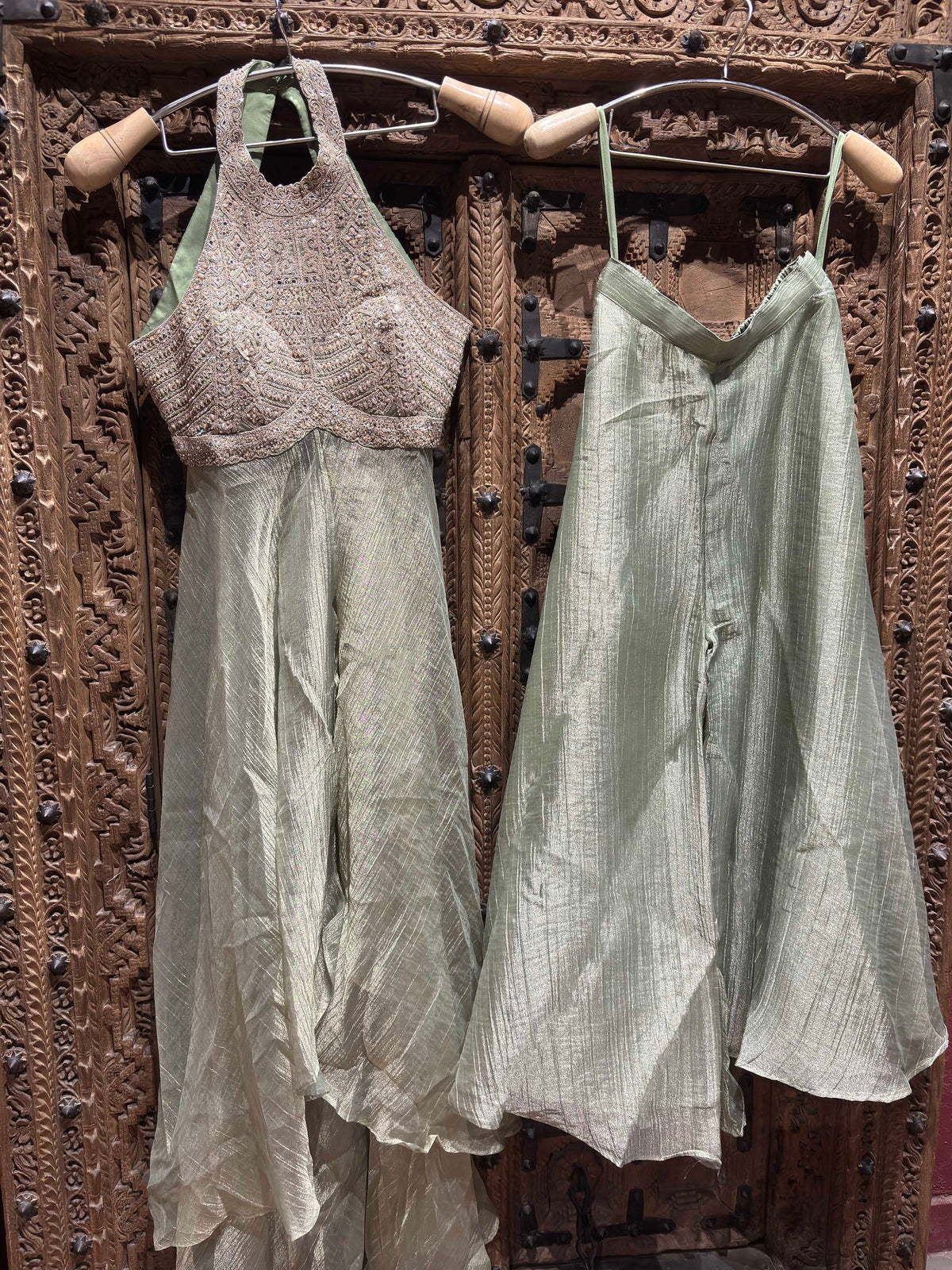Halter Neck Layered Top with Shimmer Palazzo Set for Women