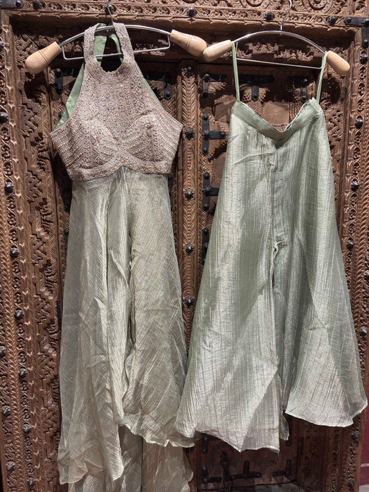 Halter Neck Layered Top with Shimmer Palazzo Set for Women