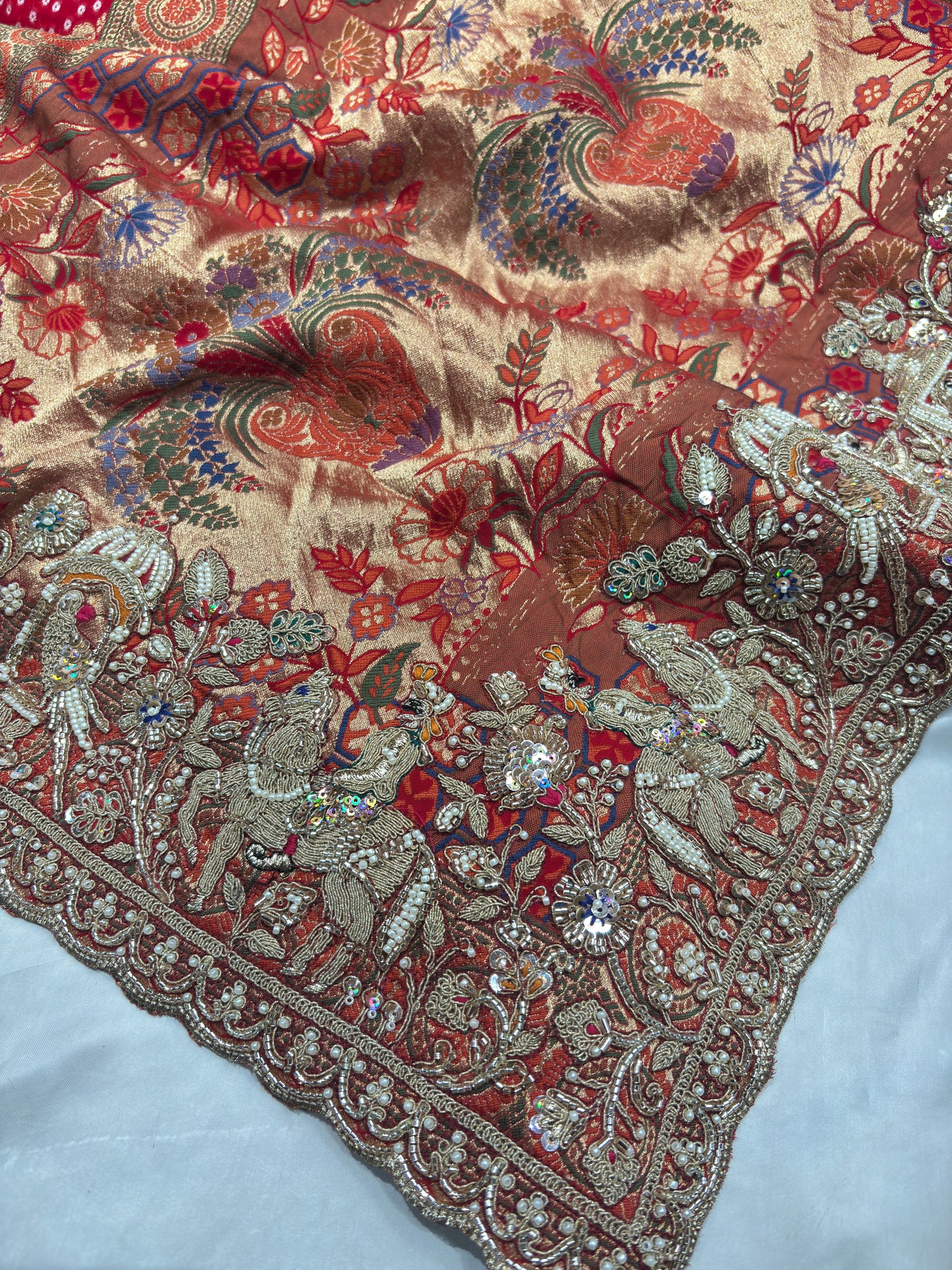 Bandhani Saree with Royal Peacock Weaving & Hand Embroidered