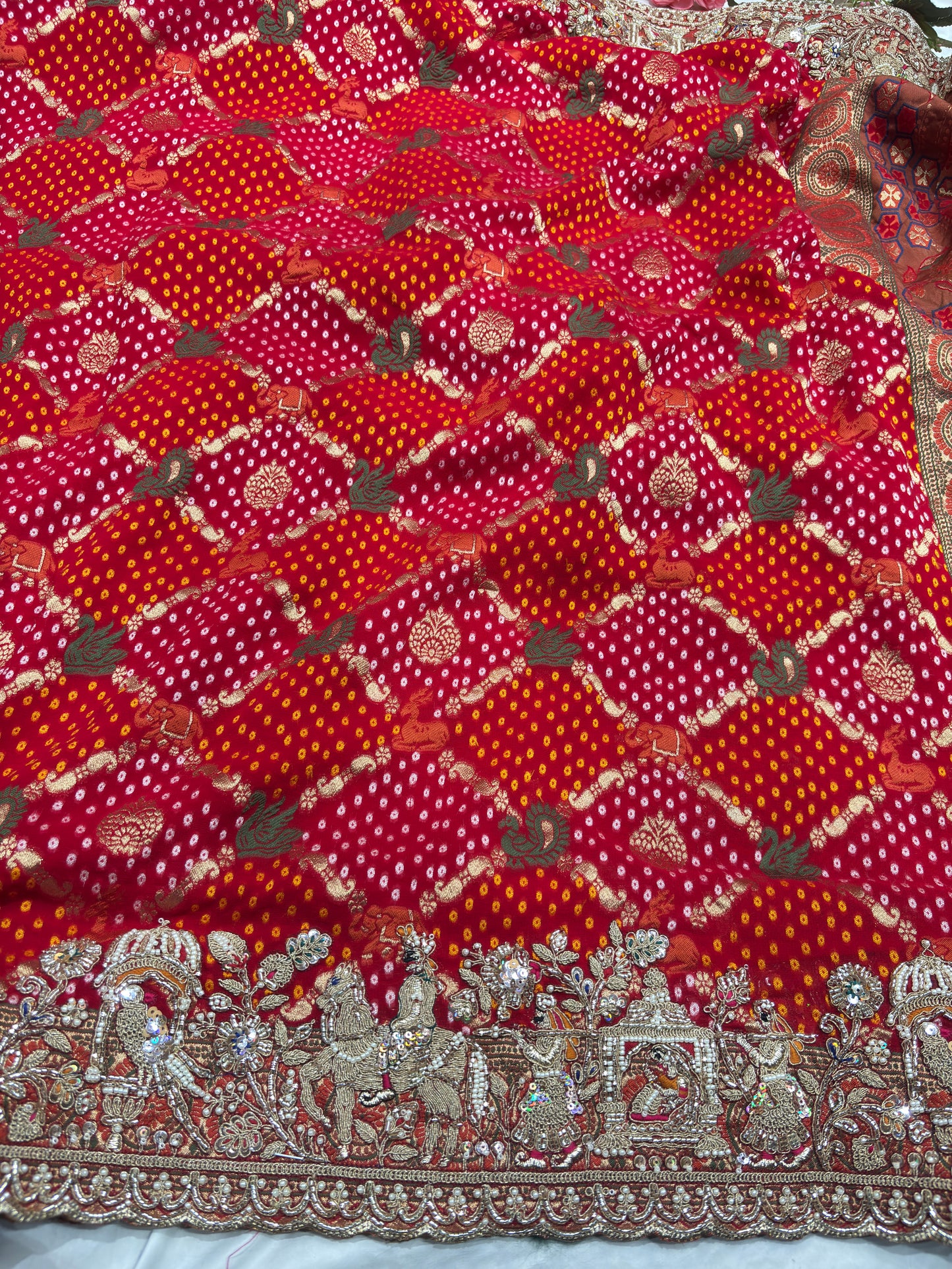 Bandhani Saree with Royal Peacock Weaving & Hand Embroidered