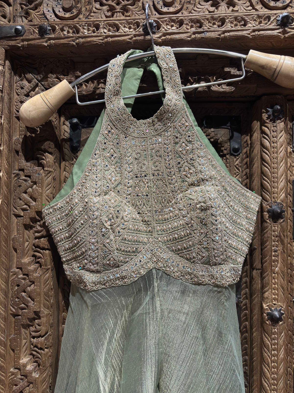 Halter Neck Layered Top with Shimmer Palazzo Set for Women