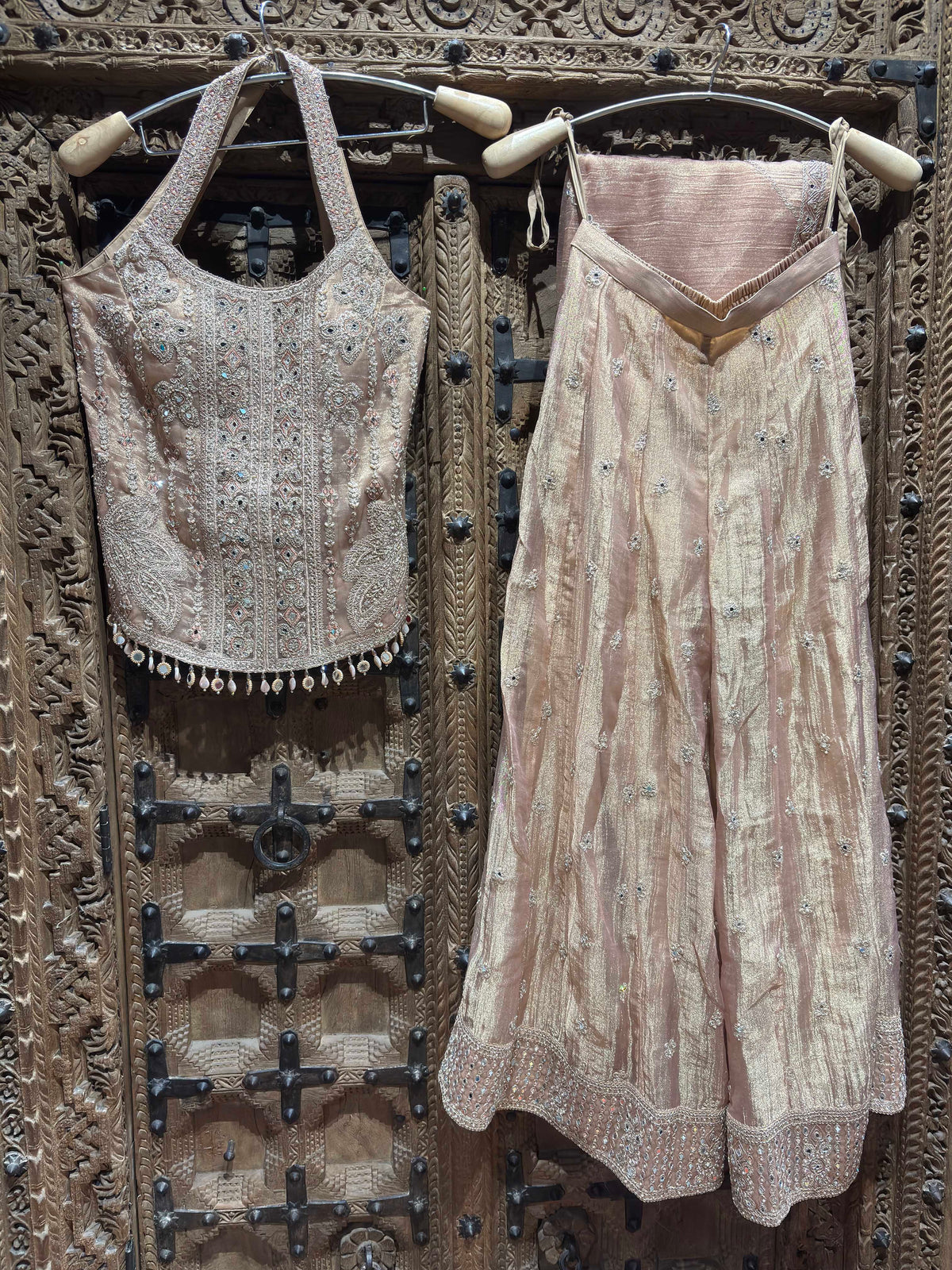 Blush Pink Floral Embroidered Sleeveless Top with Shimmer Palazzo Set for Women