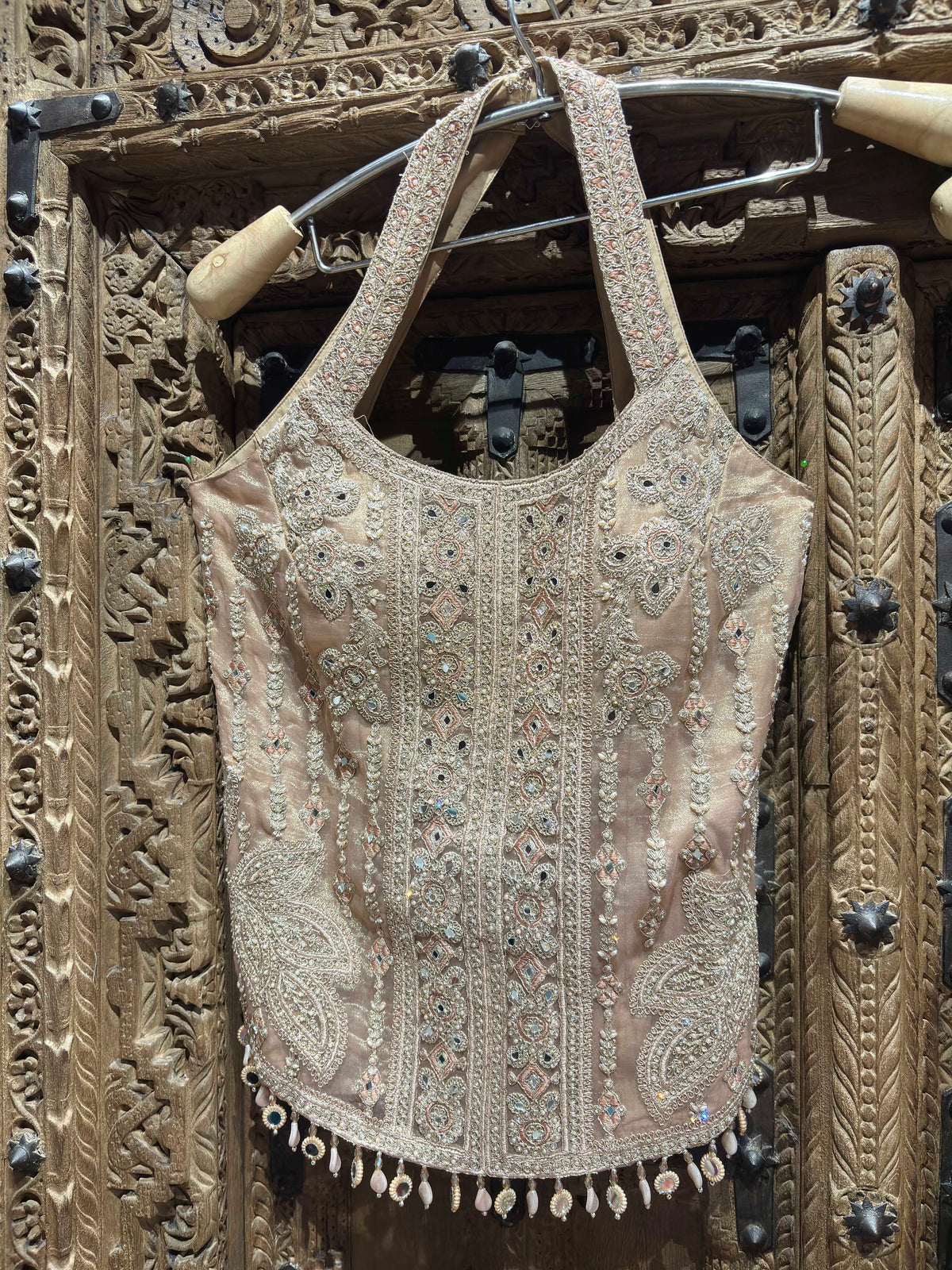 Blush Pink Floral Embroidered Sleeveless Top with Shimmer Palazzo Set for Women