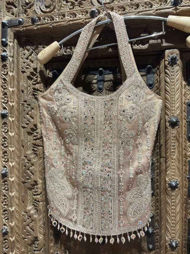 Blush Pink Floral Embroidered Sleeveless Top with Shimmer Palazzo Set for Women