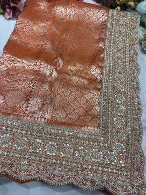 Luxury Orange Saree with Floral Weaving & Pearl Embroidered Border