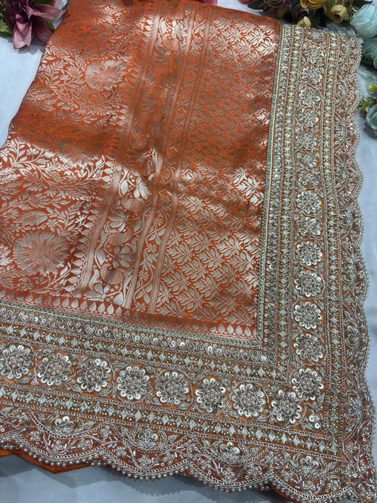 Luxury Orange Saree with Floral Weaving & Pearl Embroidered Border