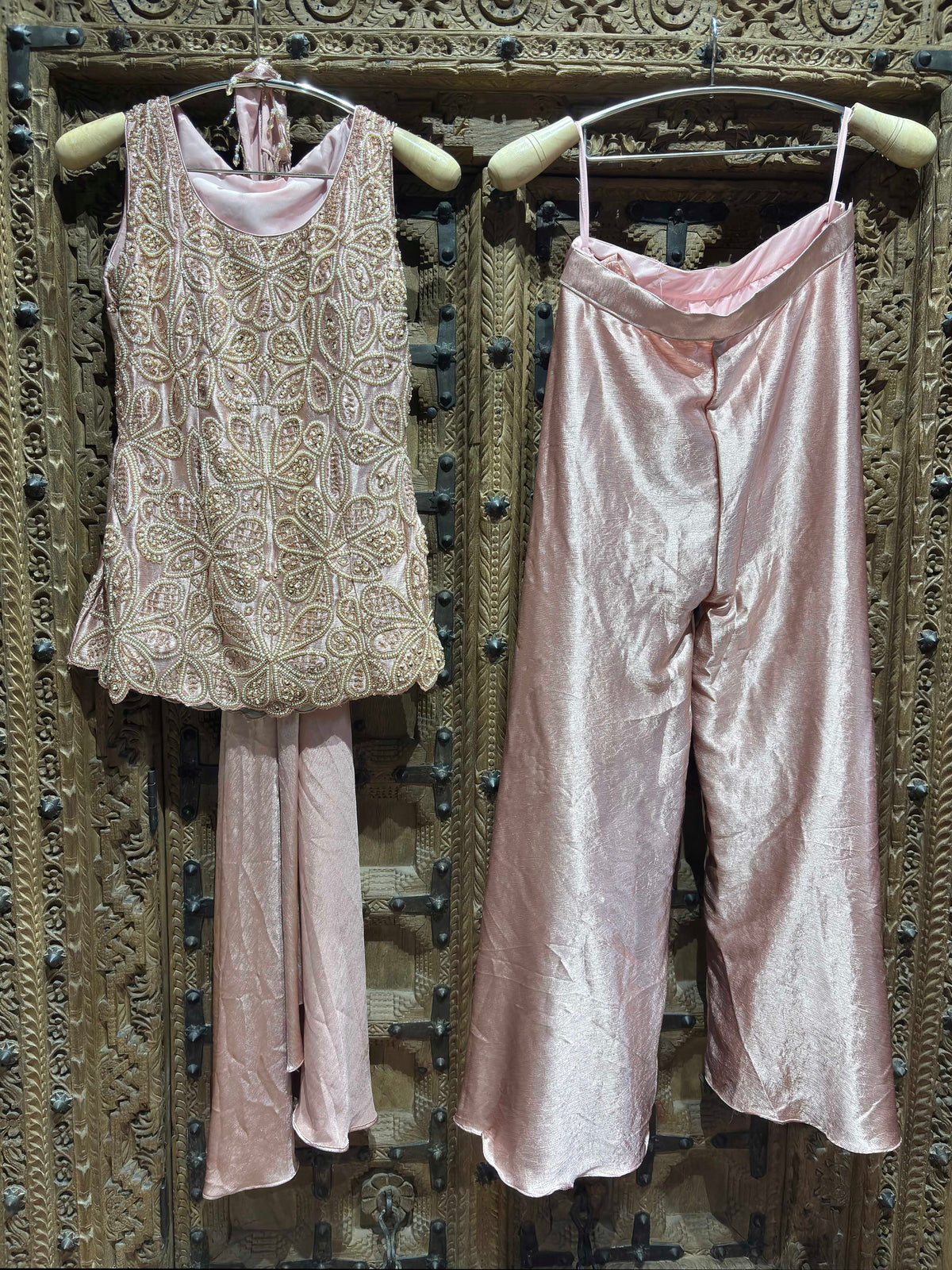 Blush Pink Floral Embroidered Sleeveless Top with Shimmer Palazzo Set for Women