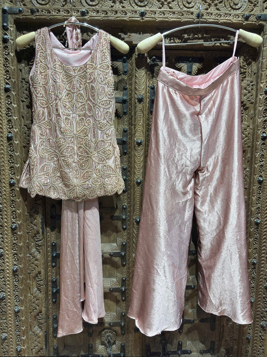 Blush Pink Floral Embroidered Sleeveless Top with Shimmer Palazzo Set for Women