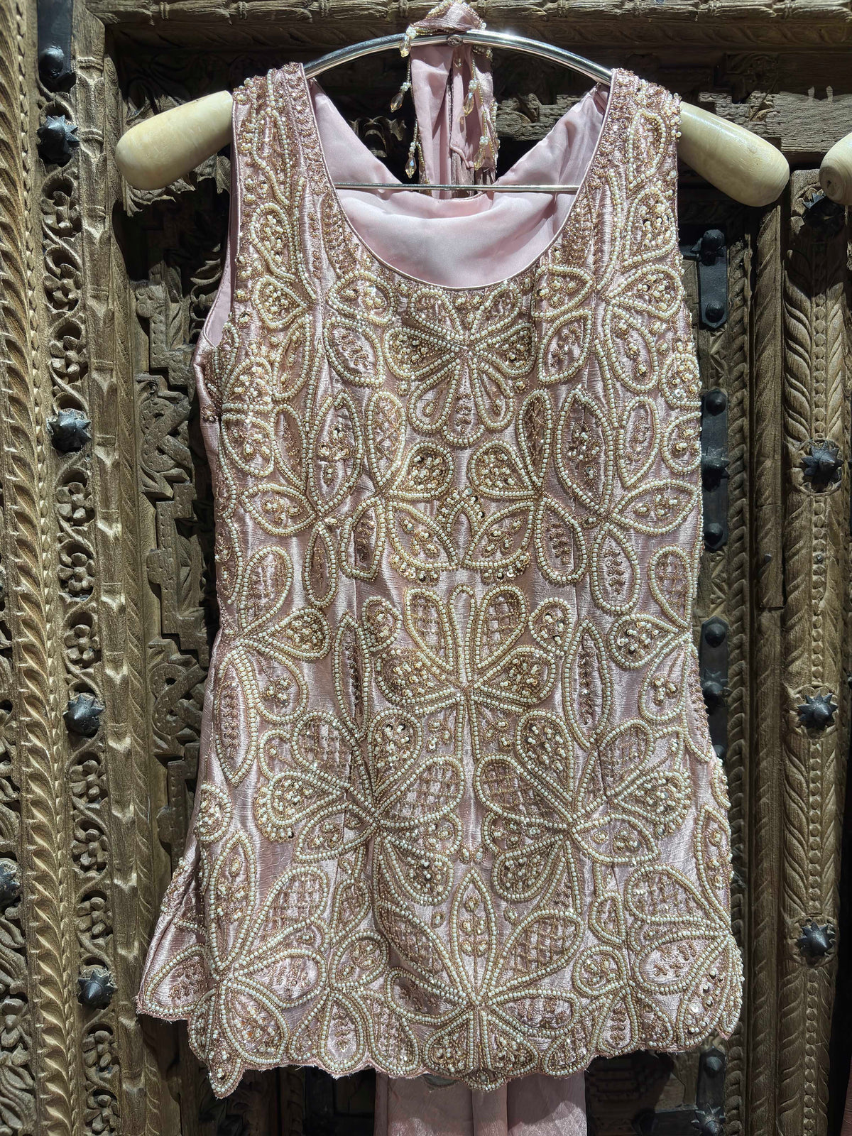 Blush Pink Floral Embroidered Sleeveless Top with Shimmer Palazzo Set for Women