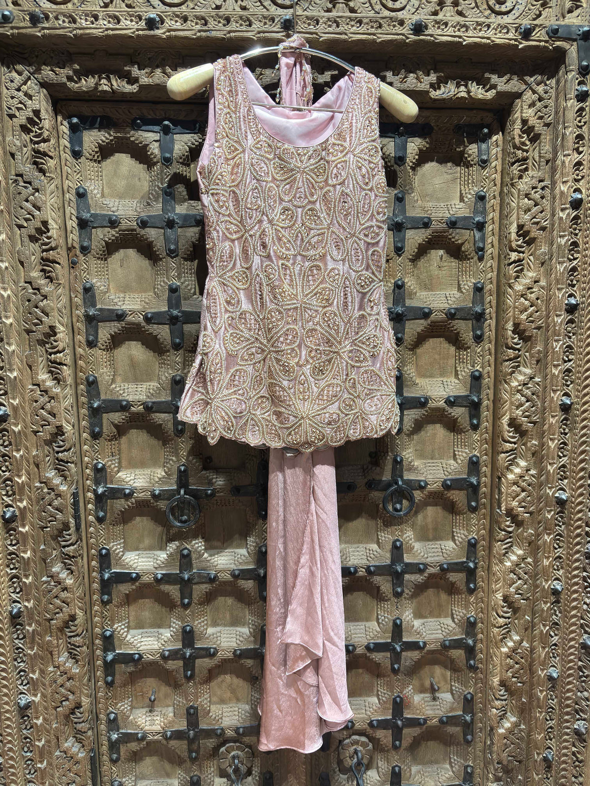 Blush Pink Floral Embroidered Sleeveless Top with Shimmer Palazzo Set for Women