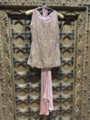 Blush Pink Floral Embroidered Sleeveless Top with Shimmer Palazzo Set for Women