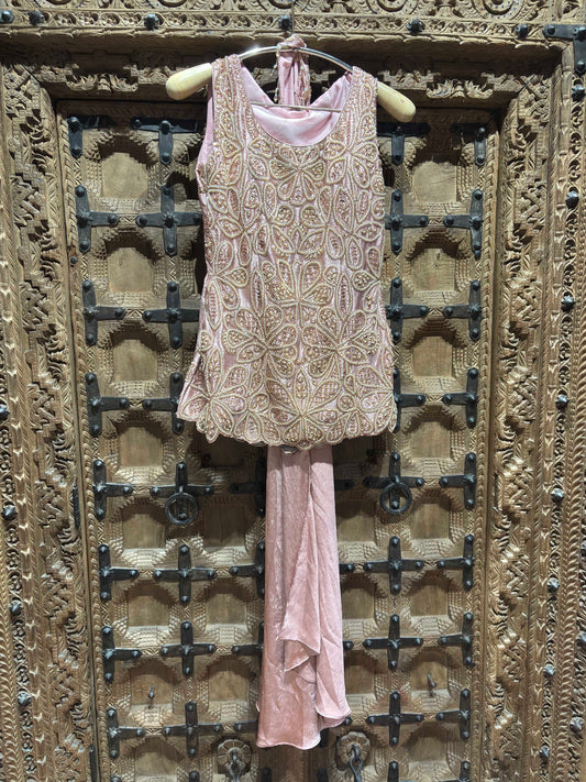 Blush Pink Floral Embroidered Sleeveless Top with Shimmer Palazzo Set for Women