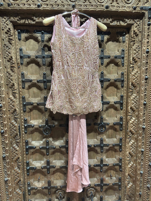 Blush Pink Floral Embroidered Sleeveless Top with Shimmer Palazzo Set for Women