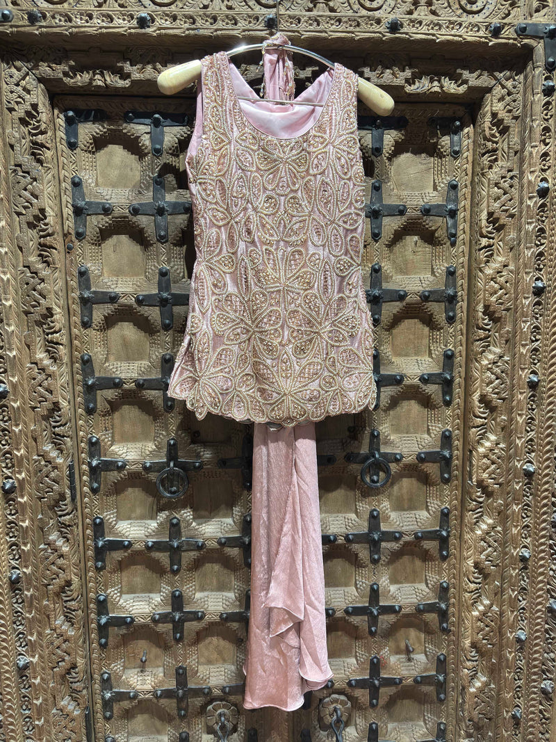 Blush Pink Floral Embroidered Sleeveless Top with Shimmer Palazzo Set for Women