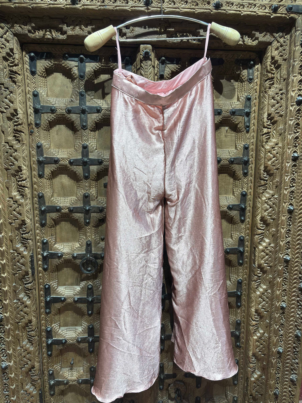 Blush Pink Floral Embroidered Sleeveless Top with Shimmer Palazzo Set for Women