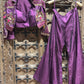 Deep Purple Embroidered Jacket Style Crop Top with Flared Palazzo Set for Women