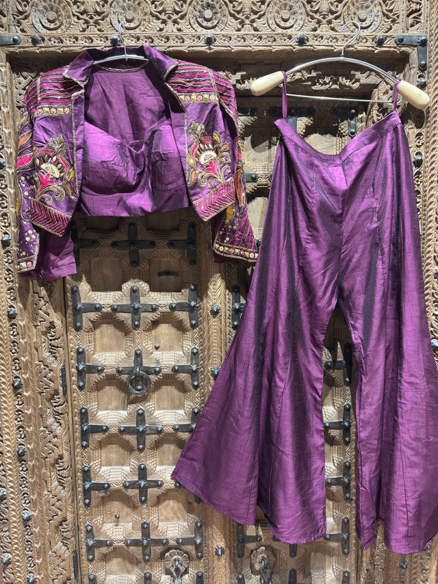 Deep Purple Embroidered Jacket Style Crop Top with Flared Palazzo Set for Women