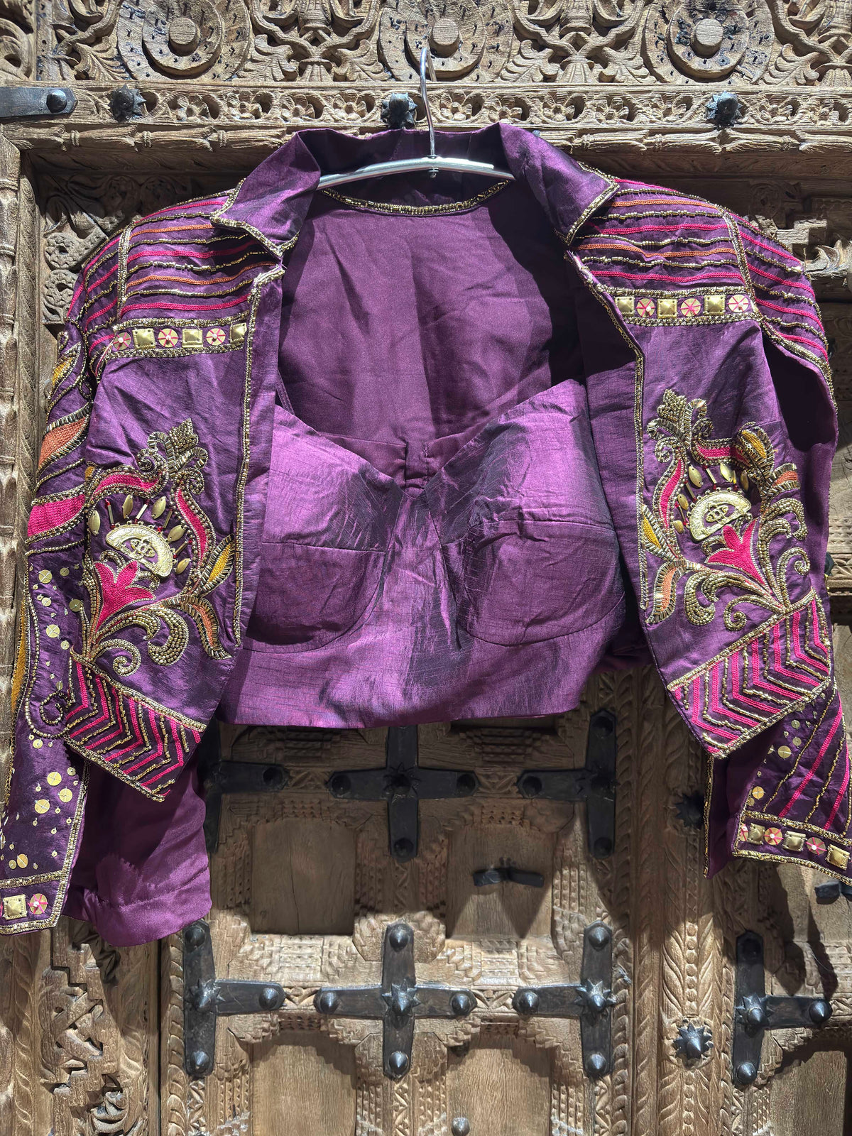 Deep Purple Embroidered Jacket Style Crop Top with Flared Palazzo Set for Women