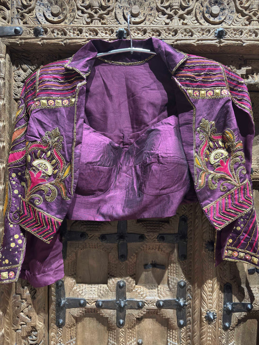 Deep Purple Embroidered Jacket Style Crop Top with Flared Palazzo Set for Women
