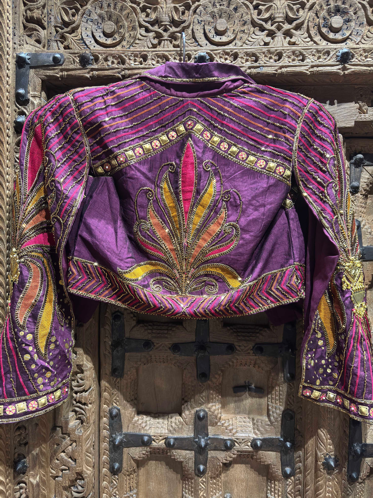 Deep Purple Embroidered Jacket Style Crop Top with Flared Palazzo Set for Women