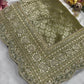 Luxury Green Saree with Floral Weaving & Pearl Embroidered Border
