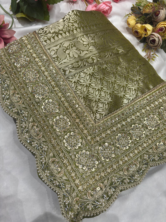 Luxury Green Saree with Floral Weaving & Pearl Embroidered Border