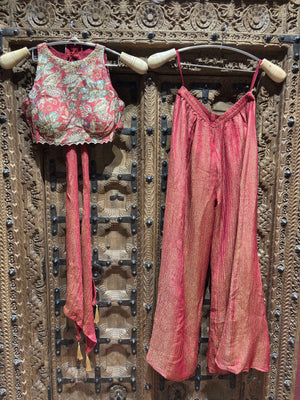 Rose Pink Floral Embroidered Crop Top with Shimmer Palazzo and Dupatta Set for Women