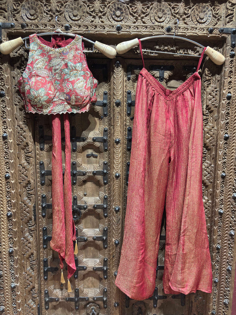 Rose Pink Floral Embroidered Crop Top with Shimmer Palazzo and Dupatta Set for Women