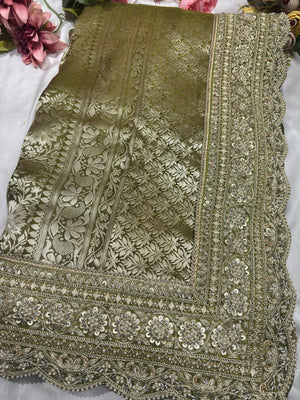 Luxury Green Saree with Floral Weaving & Pearl Embroidered Border