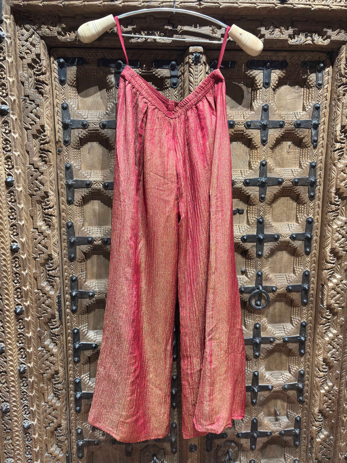 Rose Pink Floral Embroidered Crop Top with Shimmer Palazzo and Dupatta Set for Women