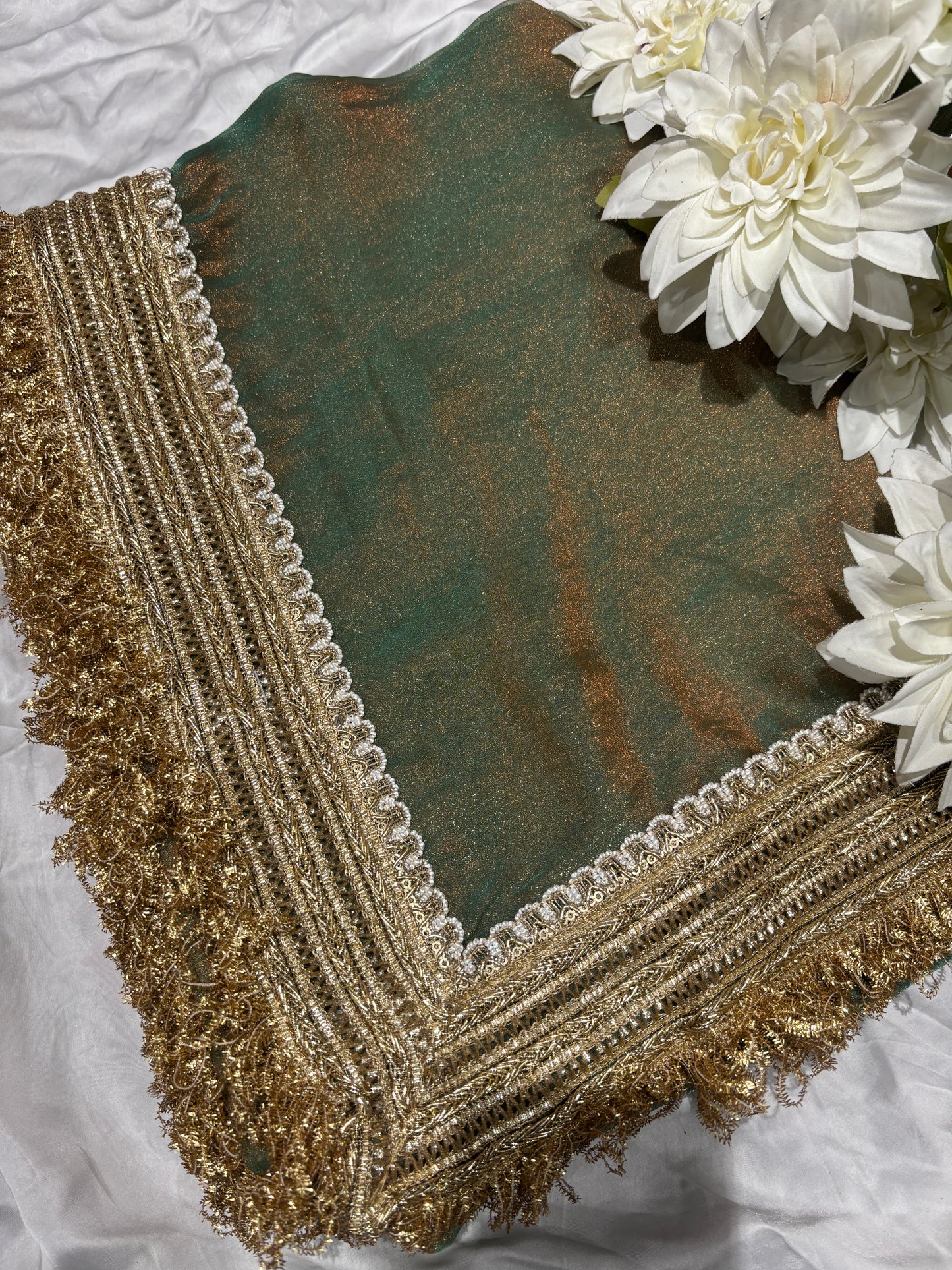 Dual Tone Olive Green Tissue Saree with Heavy Zari Embroidered Border