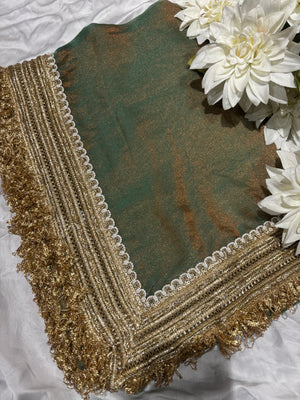 Dual Tone Olive Green Tissue Saree with Heavy Zari Embroidered Border