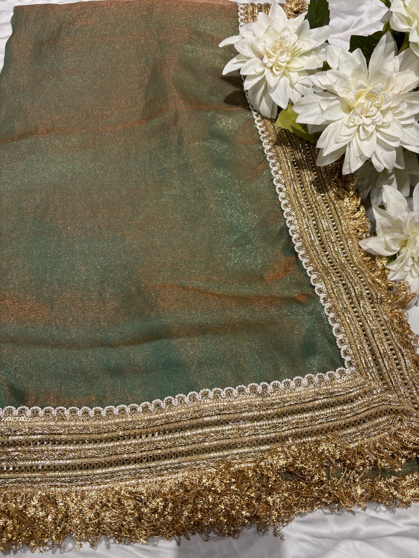 Dual Tone Olive Green Tissue Saree with Heavy Zari Embroidered Border