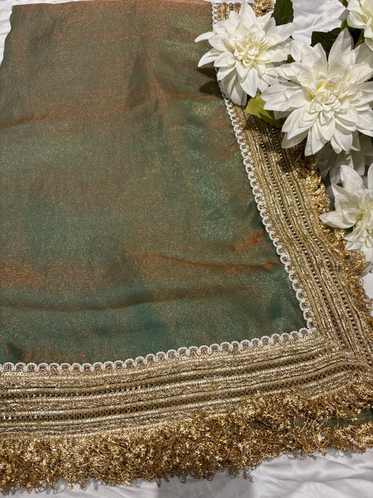 Dual Tone Olive Green Tissue Saree with Heavy Zari Embroidered Border