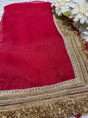 Rani Tissue Saree with Heavy Zari Embroidered Border