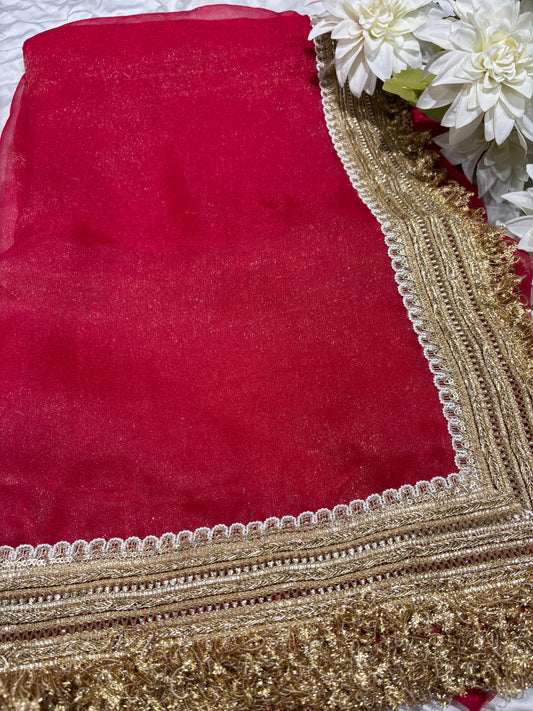 Rani Tissue Saree with Heavy Zari Embroidered Border