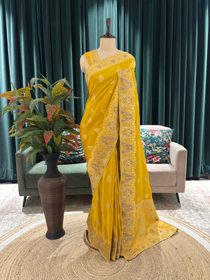 Mustard Yellow Embroidered Saree with Zari Border
