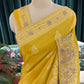 Mustard Yellow Embroidered Saree with Zari Border