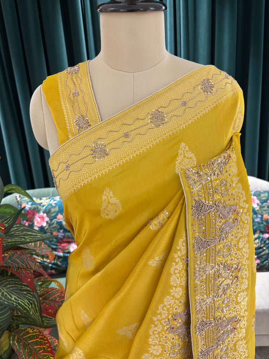 Mustard Yellow Embroidered Saree with Zari Border