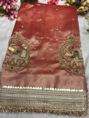 Saree with Handcrafted Elephant Motif Embroidery & Sequined Border