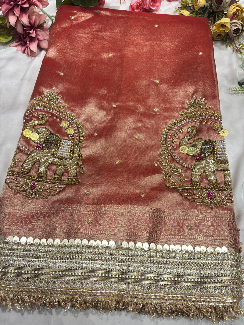 Saree with Handcrafted Elephant Motif Embroidery & Sequined Border