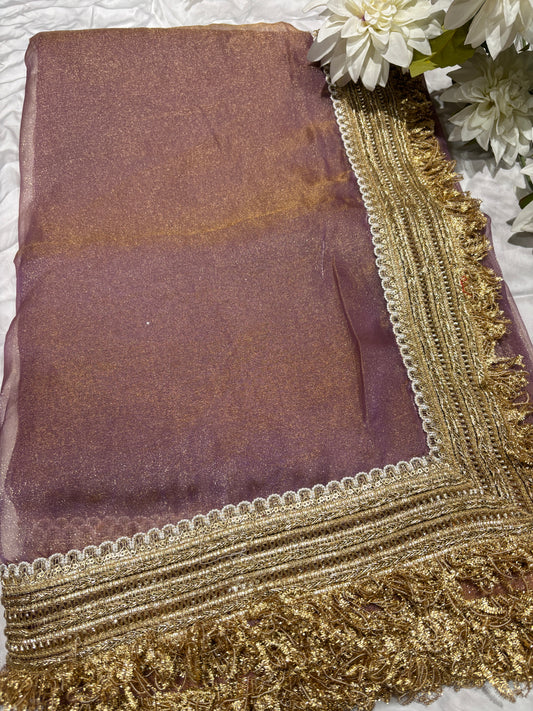 Mauve Tissue Saree with Heavy Zari Embroidered Border