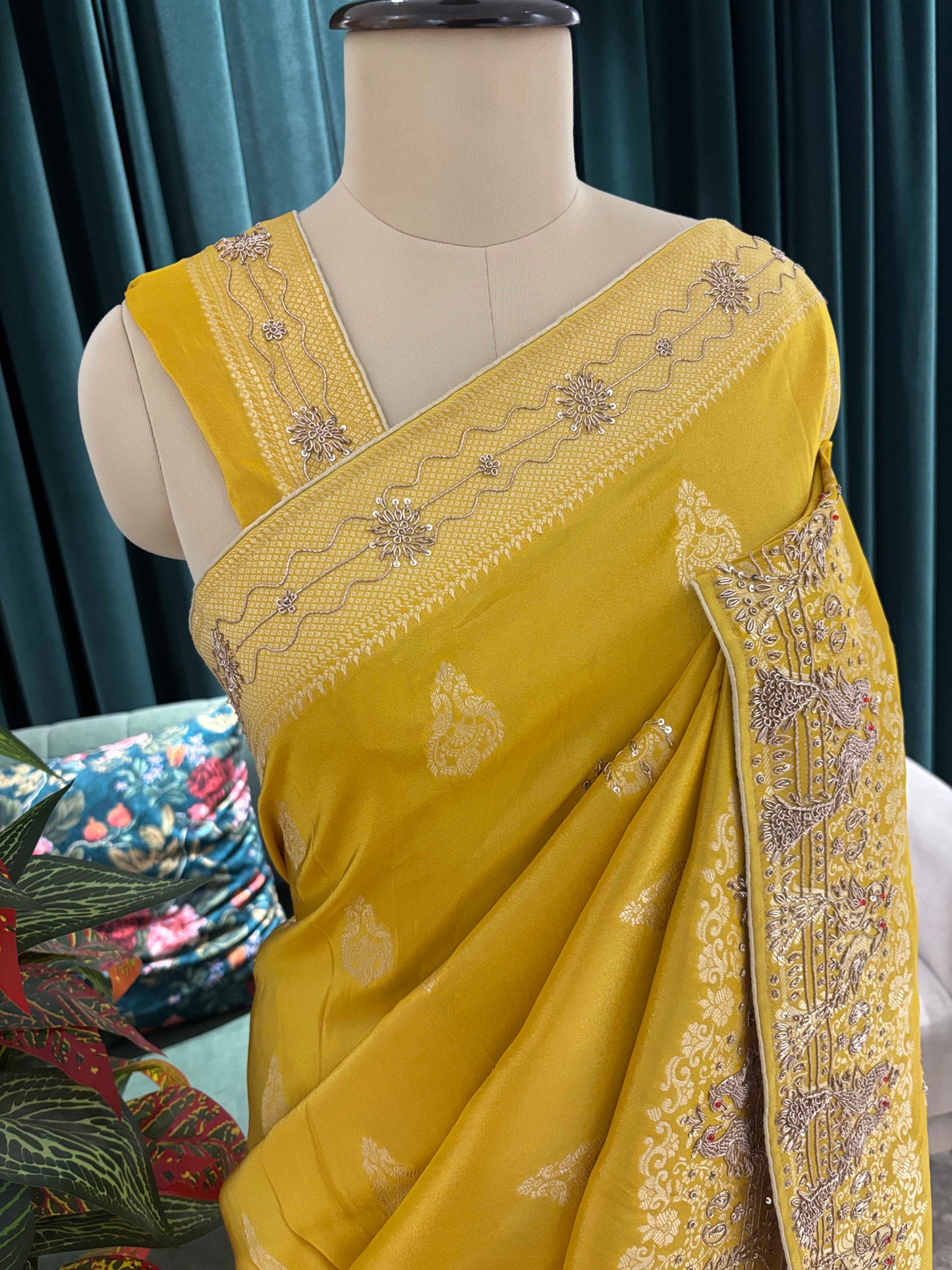 Mustard Yellow Embroidered Saree with Zari Border