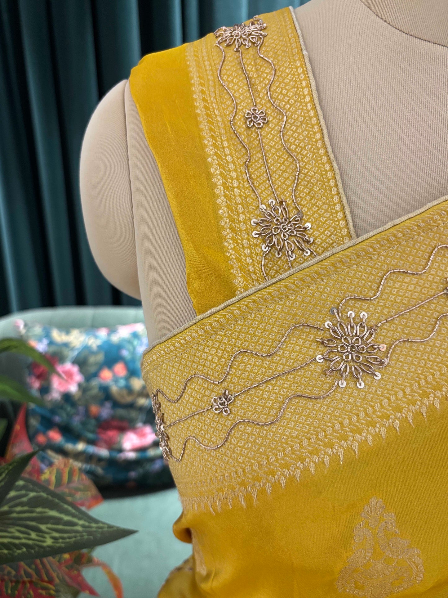 Mustard Yellow Embroidered Saree with Zari Border