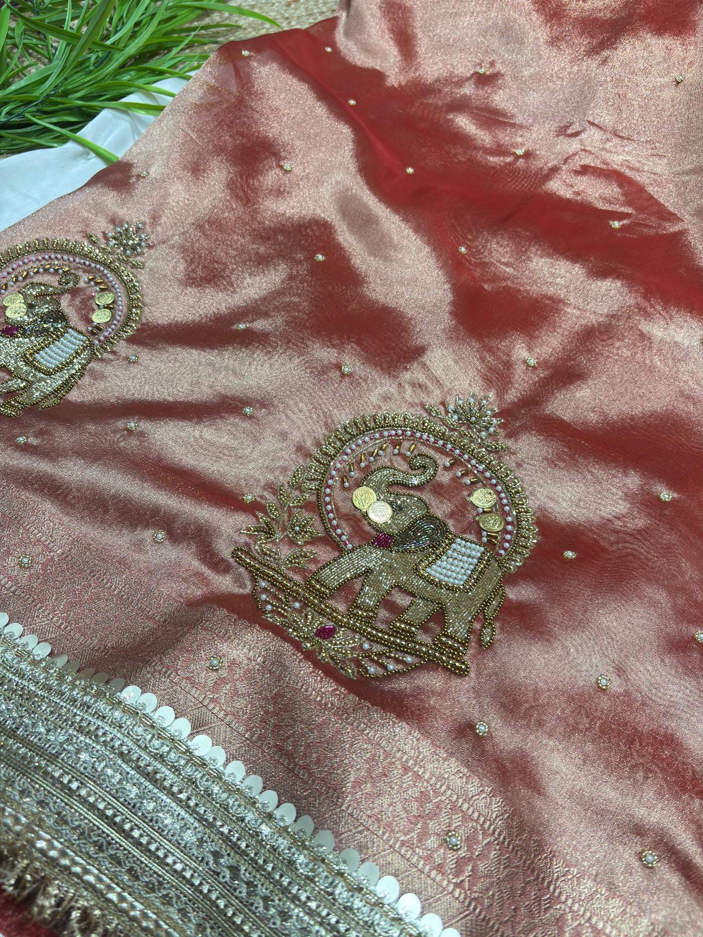 Saree with Handcrafted Elephant Motif Embroidery & Sequined Border