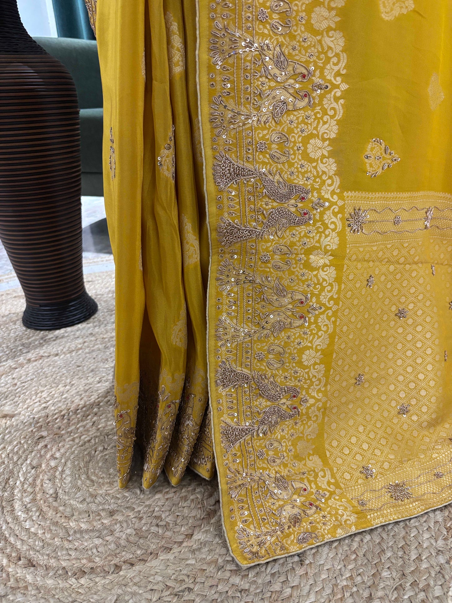 Mustard Yellow Embroidered Saree with Zari Border