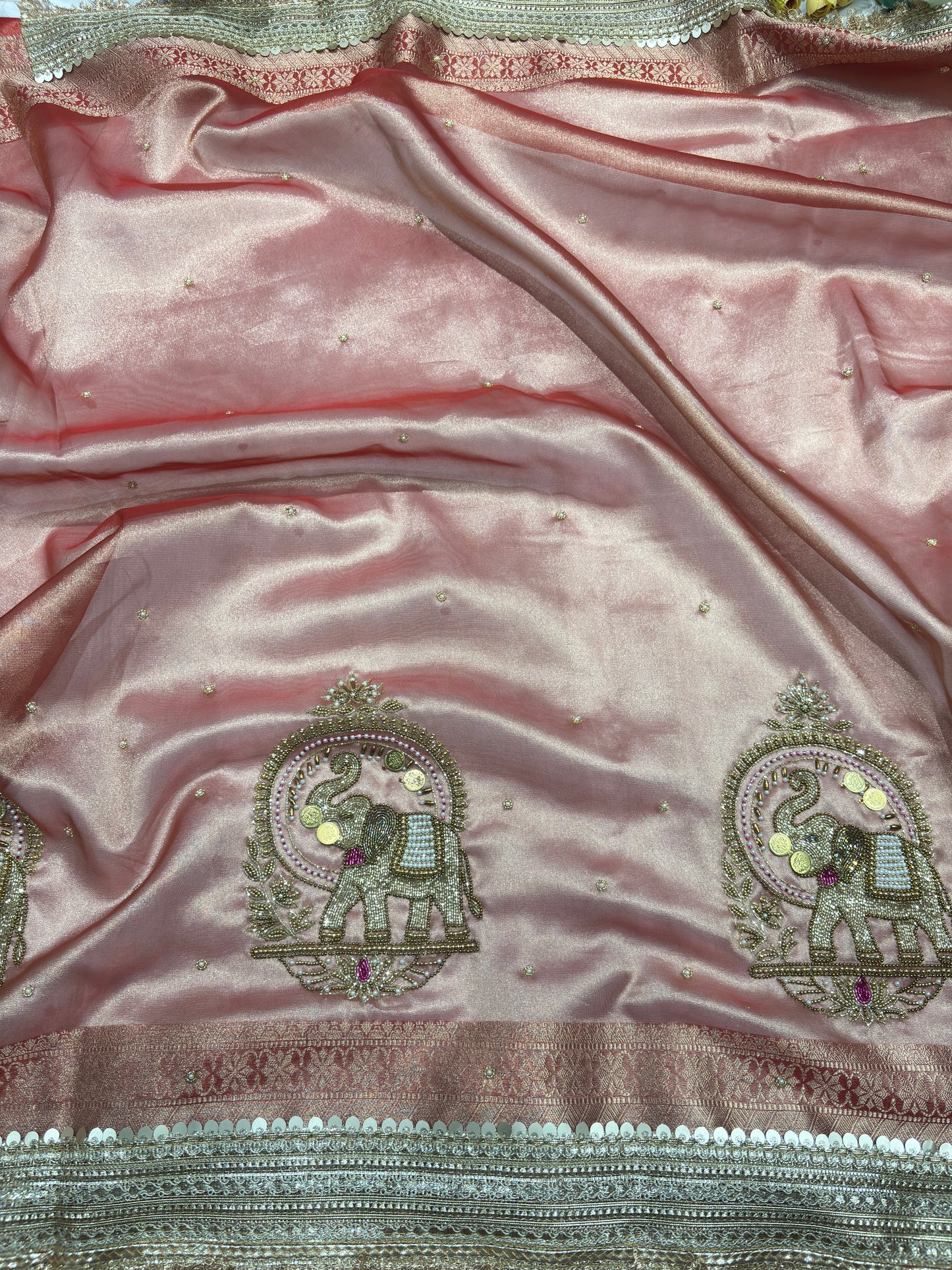 Saree with Handcrafted Elephant Motif Embroidery & Sequined Border