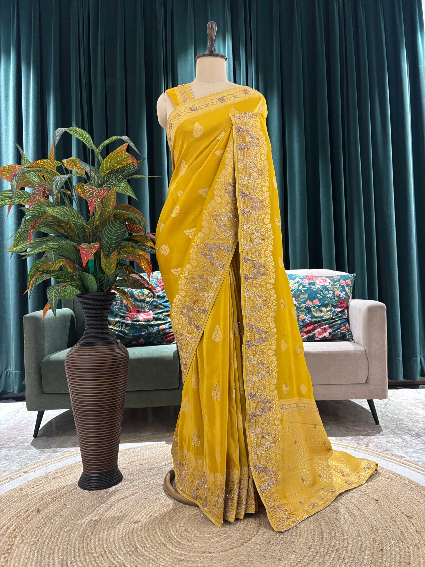 Mustard Yellow Embroidered Saree with Zari Border